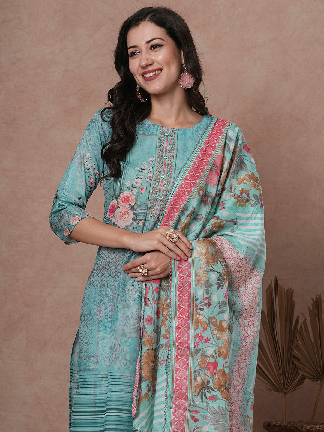 Floral Printed & Embroidered Straight Kurta with Pant & Dupatta - Mint Green