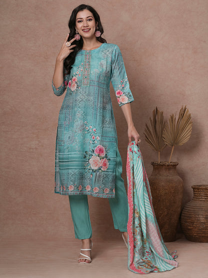 Floral Printed & Embroidered Straight Kurta with Pant & Dupatta - Mint Green