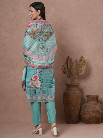 Floral Printed & Embroidered Straight Kurta with Pant & Dupatta - Mint Green