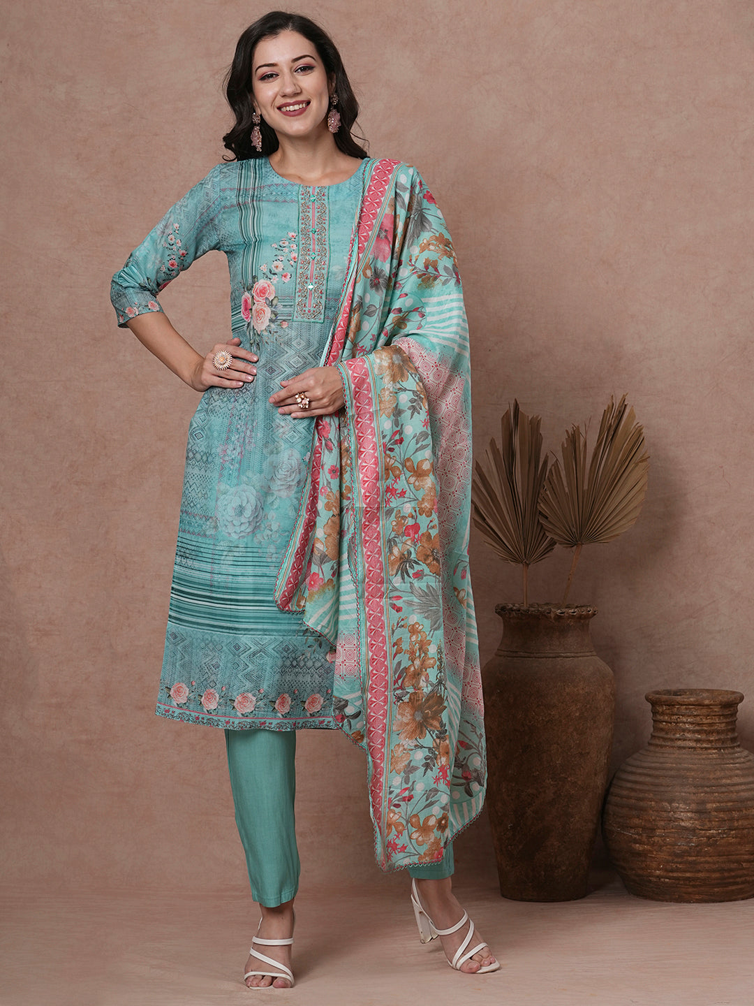 Floral Printed & Embroidered Straight Kurta with Pant & Dupatta - Mint Green