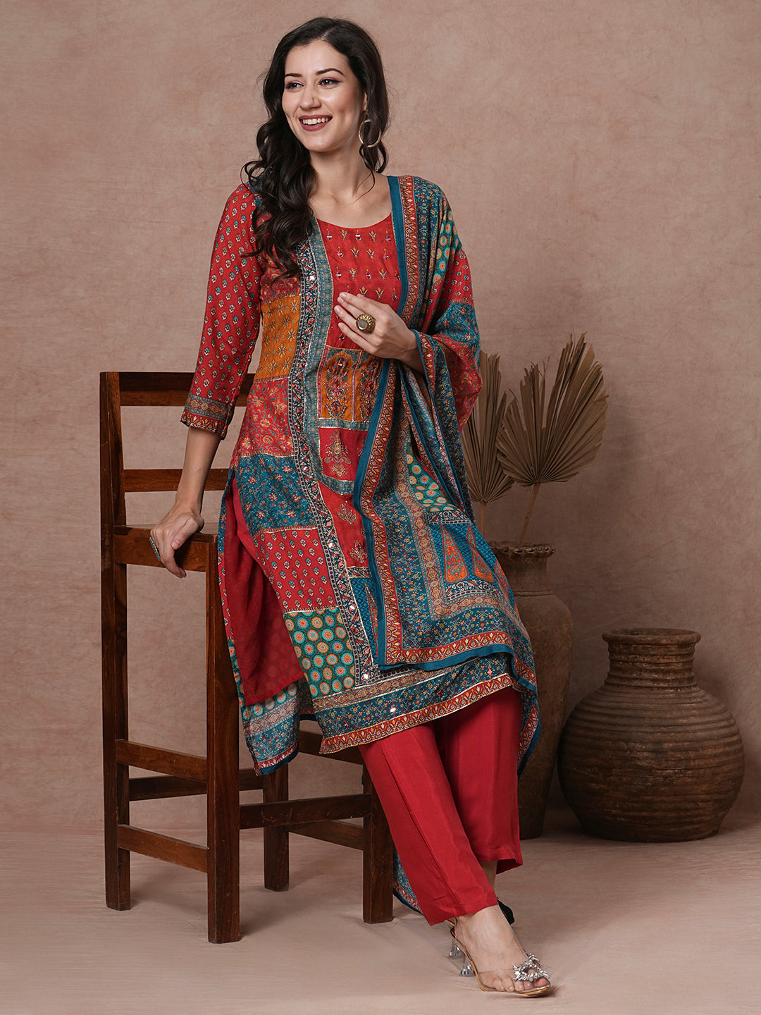 Ethnic Printed & Hand Embroidered Straight Kurta with Pant & Dupatta - Red