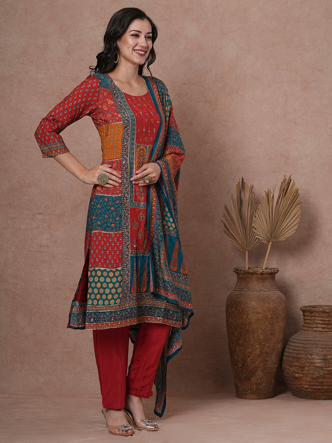 Ethnic Printed & Hand Embroidered Straight Kurta with Pant & Dupatta - Red