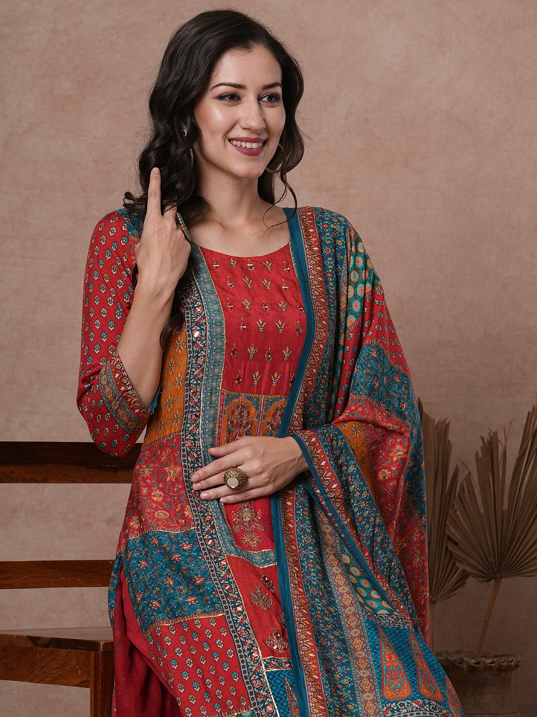 Ethnic Printed & Hand Embroidered Straight Kurta with Pant & Dupatta - Red