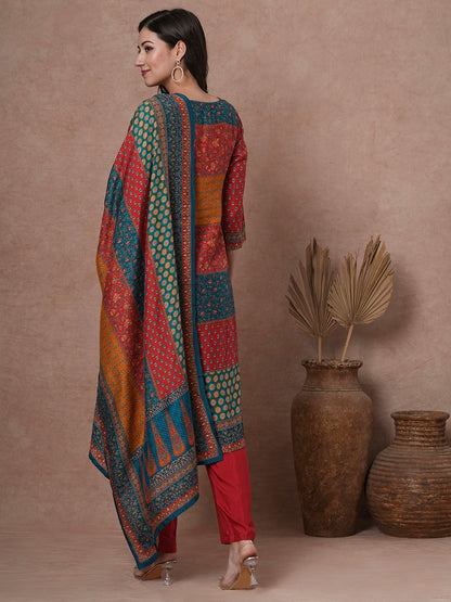 Ethnic Printed & Hand Embroidered Straight Kurta with Pant & Dupatta - Red