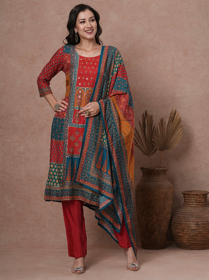 Ethnic Printed & Hand Embroidered Straight Kurta with Pant & Dupatta - Red