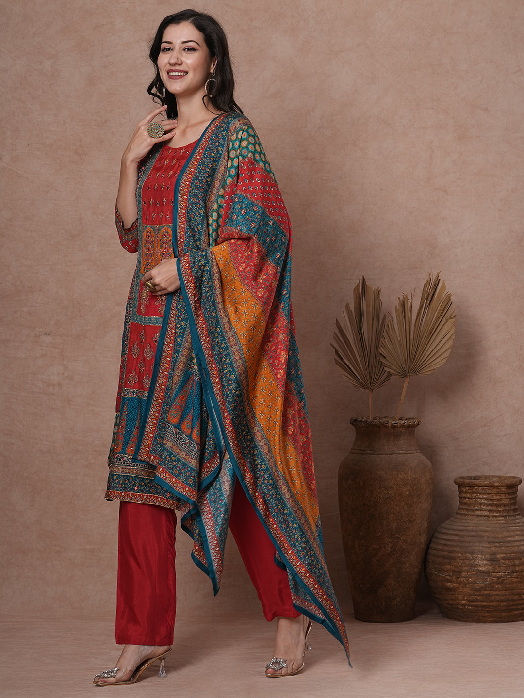 Ethnic Printed & Hand Embroidered Straight Kurta with Pant & Dupatta - Red