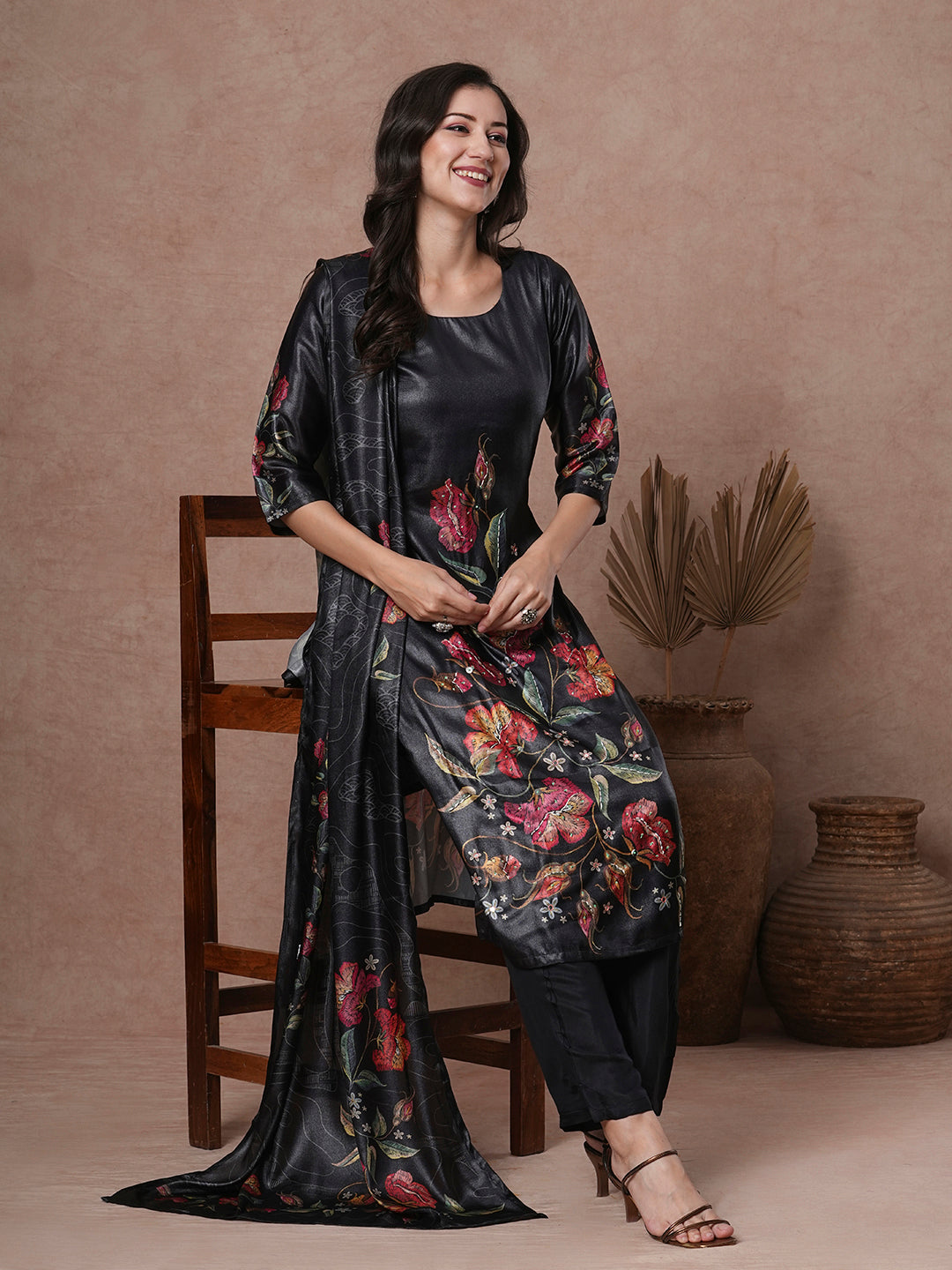 Floral Printed Sequins Embroidered Kurta with Pants & Dupatta - Black