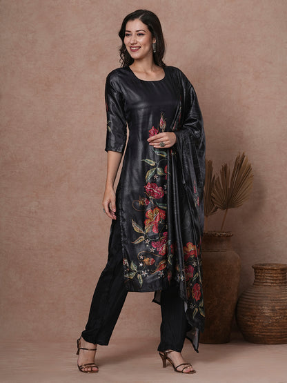 Floral Printed Sequins Embroidered Kurta with Pants & Dupatta - Black