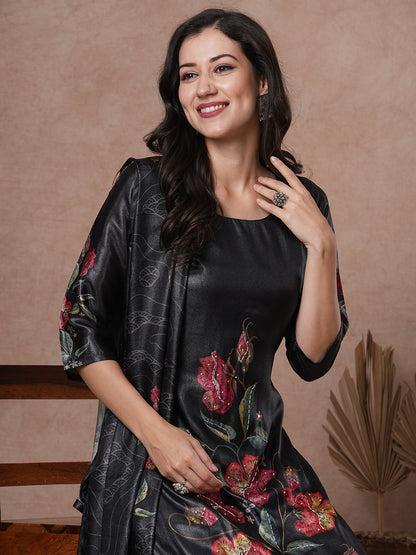 Floral Printed Sequins Embroidered Kurta with Pants & Dupatta - Black