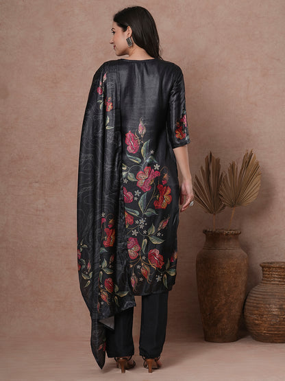 Floral Printed Sequins Embroidered Kurta with Pants & Dupatta - Black