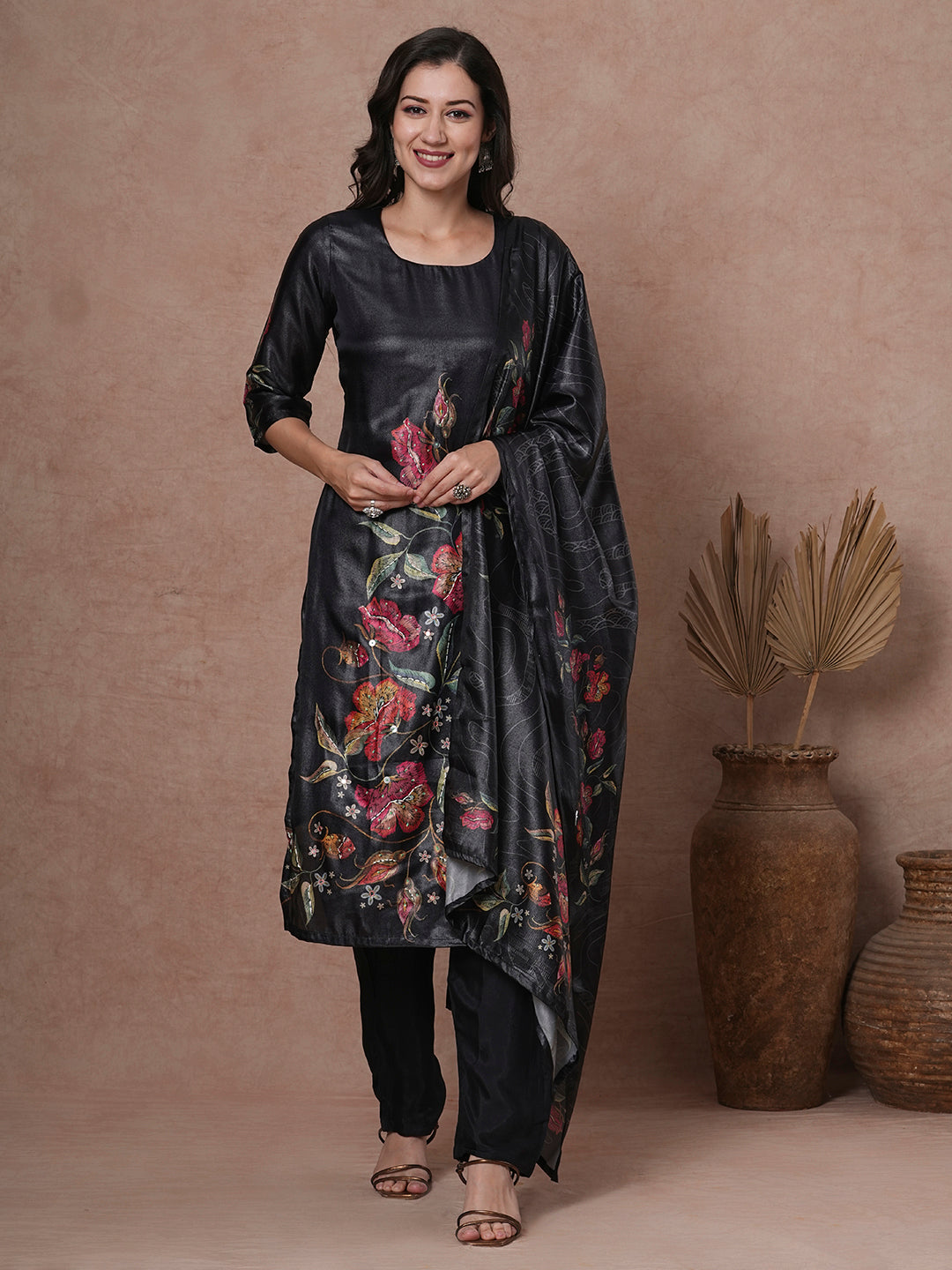 Floral Printed Sequins Embroidered Kurta with Pants & Dupatta - Black