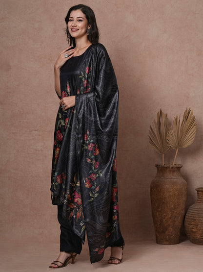 Floral Printed Sequins Embroidered Kurta with Pants & Dupatta - Black