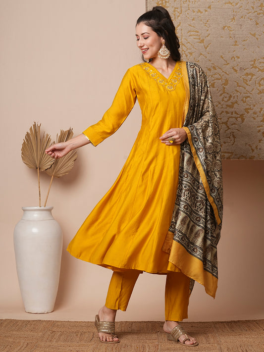 Solid Ethnic Embroidered Anarkali Kurta with Pant & Dupatta - Yellow