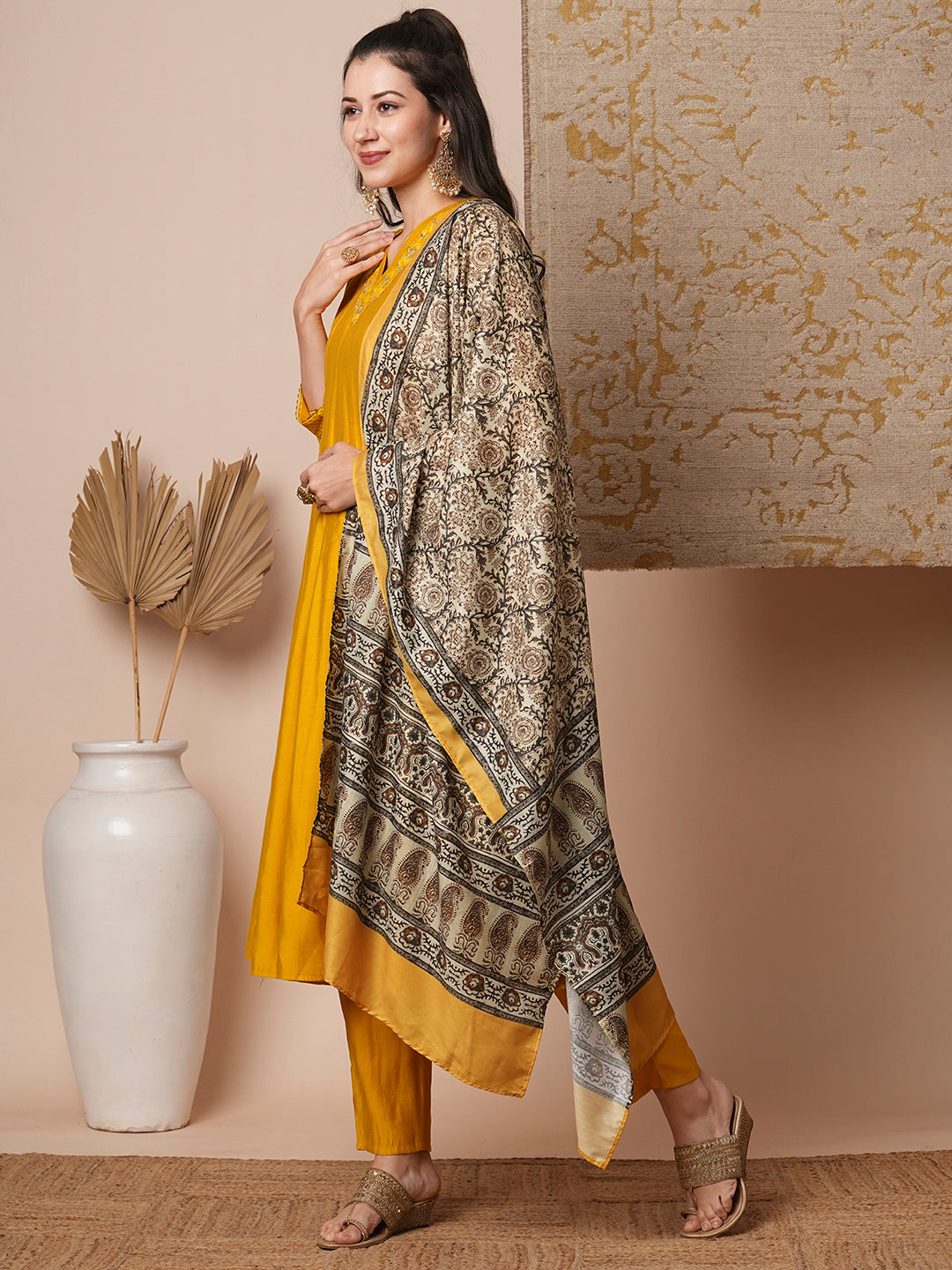 Solid Ethnic Embroidered Anarkali Kurta with Pant & Dupatta - Yellow