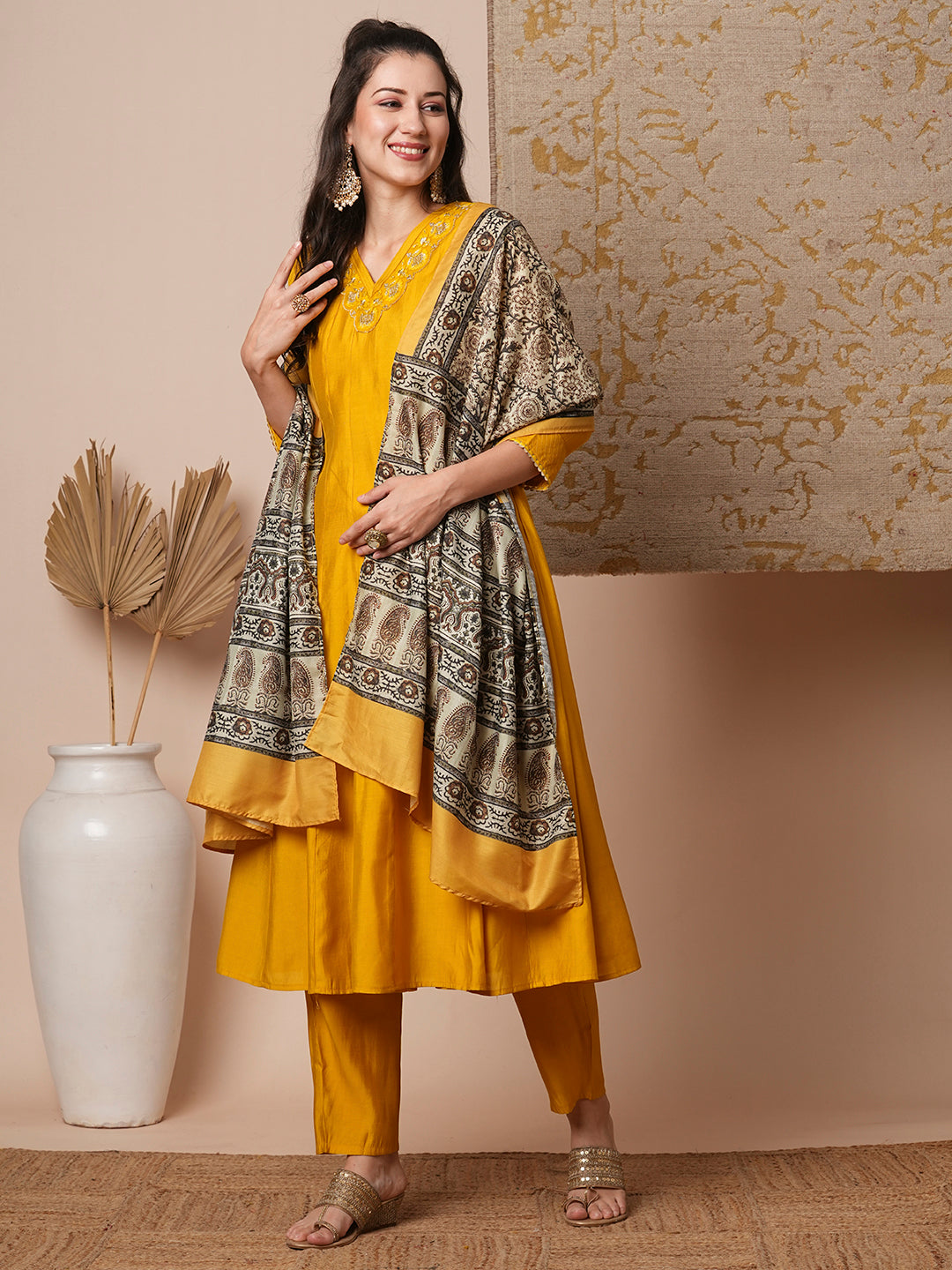 Solid Ethnic Embroidered Anarkali Kurta with Pant & Dupatta - Yellow