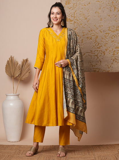 Solid Ethnic Embroidered Anarkali Kurta with Pant & Dupatta - Yellow