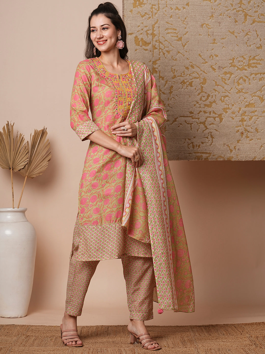 Floral Printed & Embroidered Straight Kurta with Pant & Dupatta - Mint Green