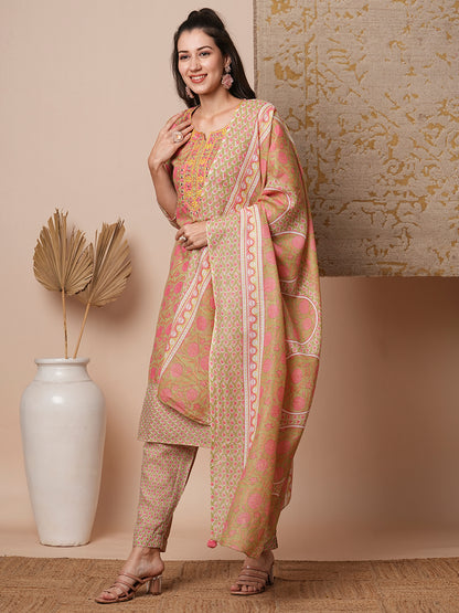 Floral Printed & Embroidered Straight Kurta with Pant & Dupatta - Mint Green