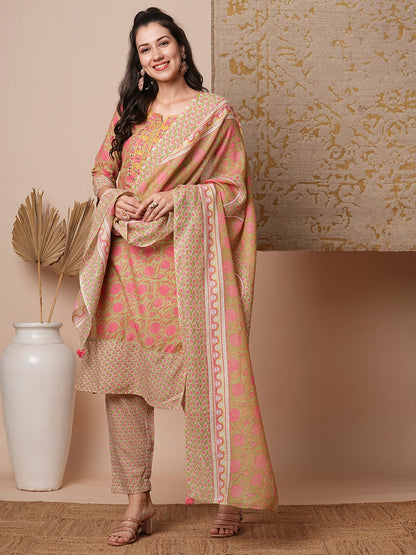 Floral Printed & Embroidered Straight Kurta with Pant & Dupatta - Mint Green