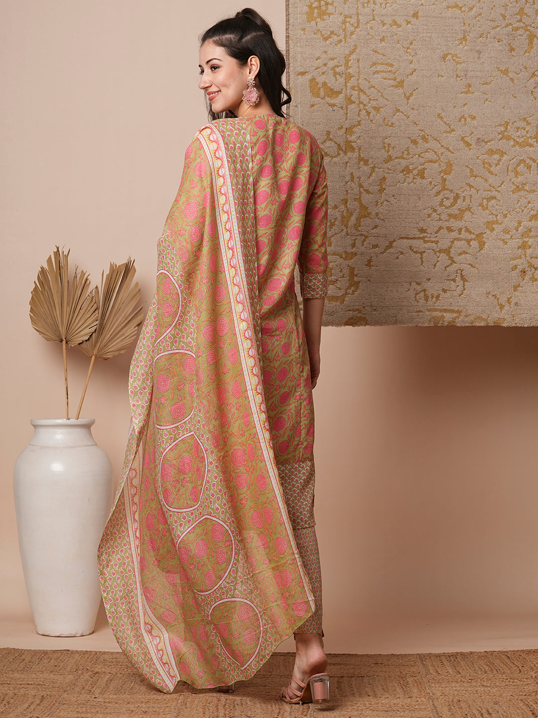 Floral Printed & Embroidered Straight Kurta with Pant & Dupatta - Mint Green