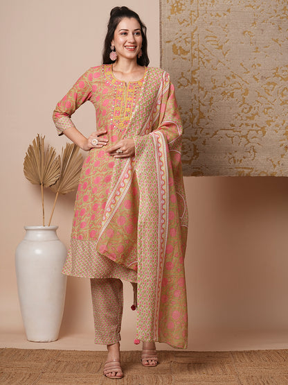 Floral Printed & Embroidered Straight Kurta with Pant & Dupatta - Mint Green