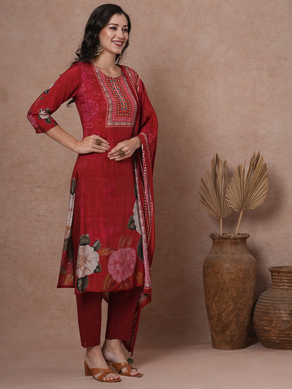 Floral Printed & Embroidered Straight Kurta with Pant & Dupatta - Red