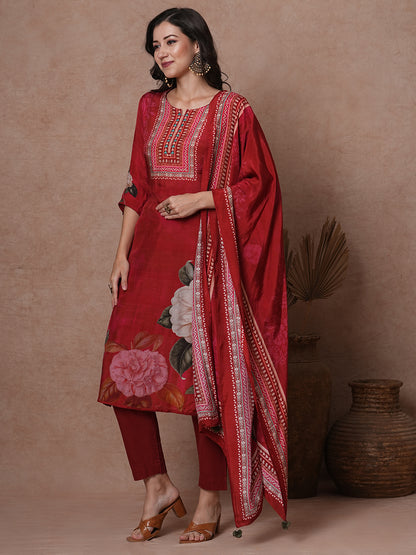 Floral Printed & Embroidered Straight Kurta with Pant & Dupatta - Red