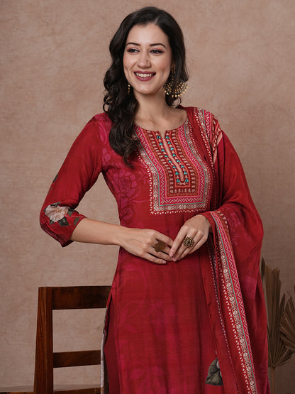 Floral Printed & Embroidered Straight Kurta with Pant & Dupatta - Red