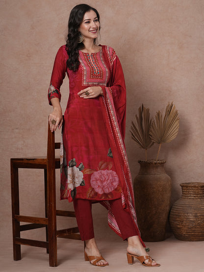 Floral Printed & Embroidered Straight Kurta with Pant & Dupatta - Red