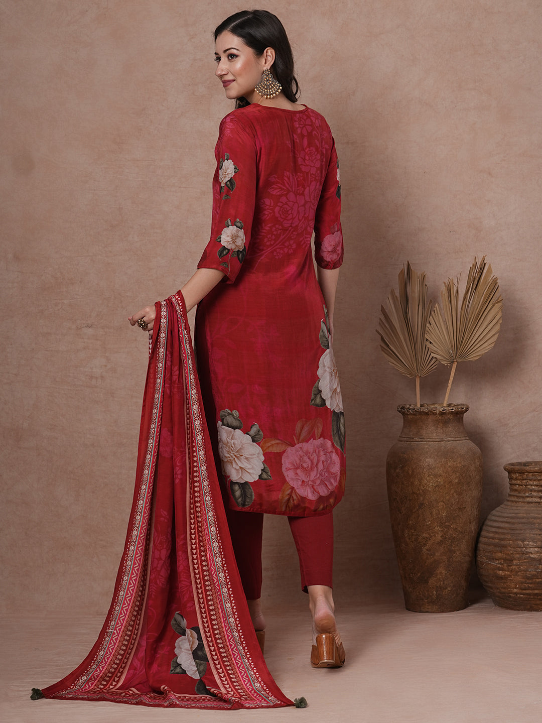 Floral Printed & Embroidered Straight Kurta with Pant & Dupatta - Red