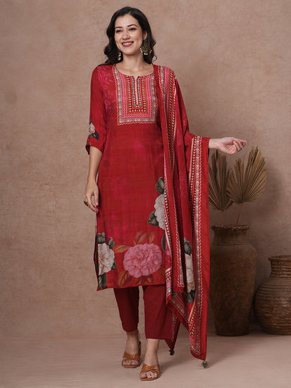 Floral Printed & Embroidered Straight Kurta with Pant & Dupatta - Red