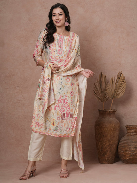 Ethnic Ikat Printed & Embroidered Straight Kurta with Pant & Dupatta -Cream