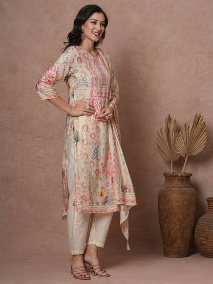 Ethnic Ikat Printed & Embroidered Straight Kurta with Pant & Dupatta -Cream