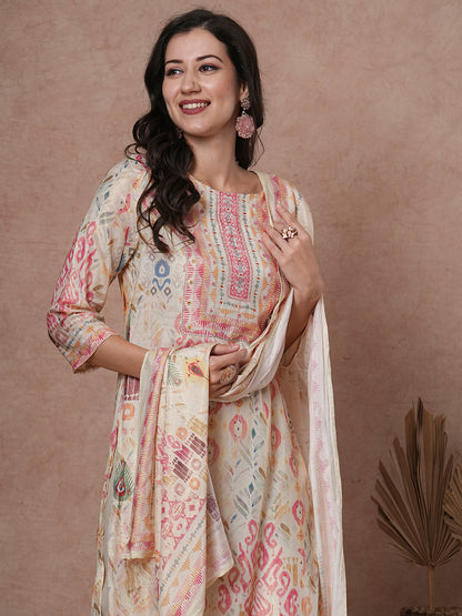 Ethnic Ikat Printed & Embroidered Straight Kurta with Pant & Dupatta -Cream