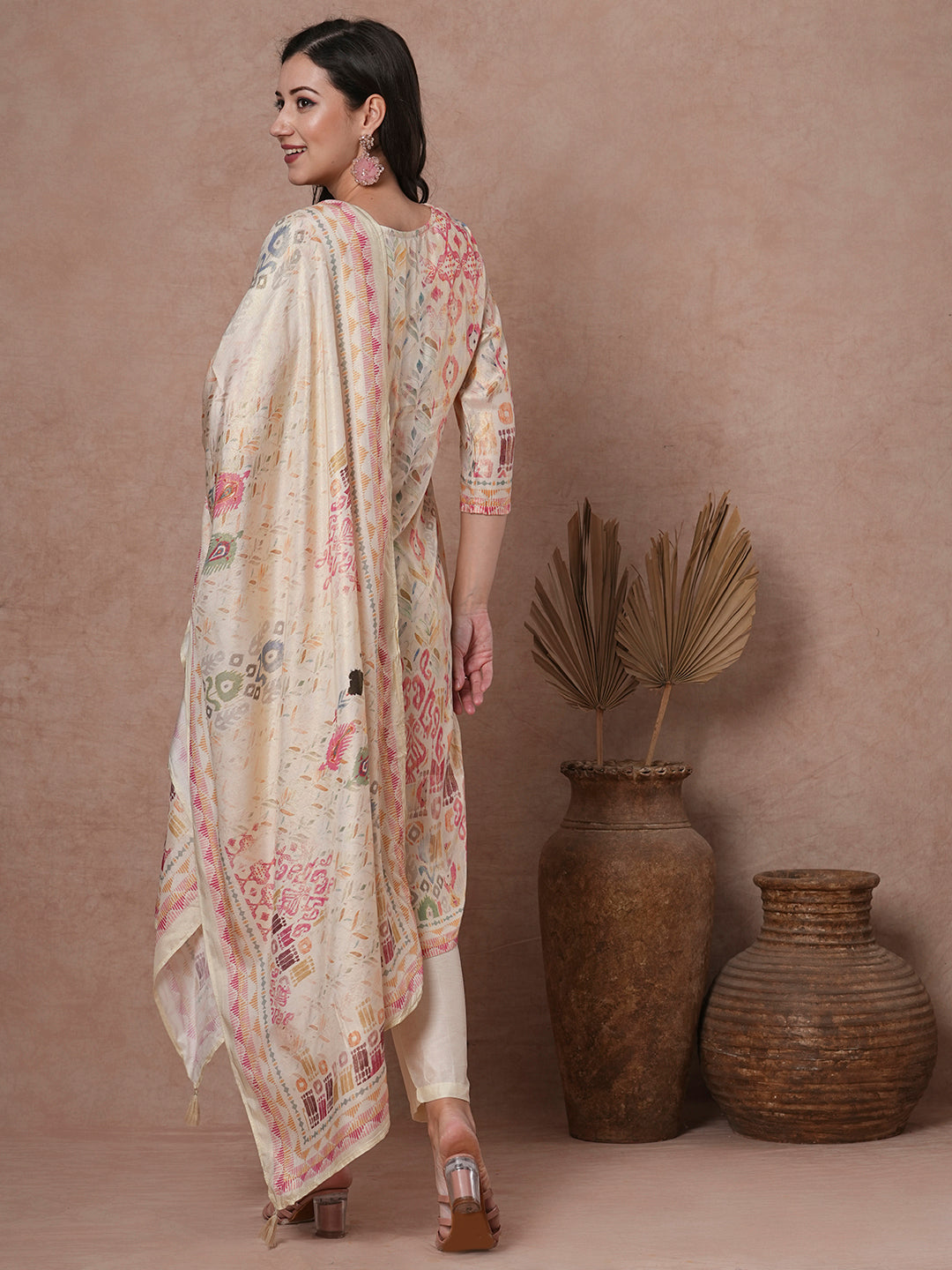 Ethnic Ikat Printed & Embroidered Straight Kurta with Pant & Dupatta -Cream