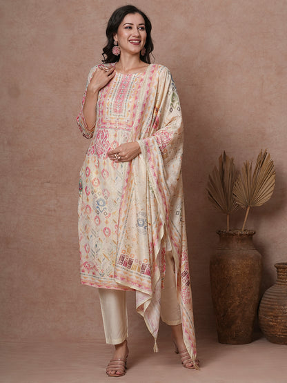 Ethnic Ikat Printed & Embroidered Straight Kurta with Pant & Dupatta -Cream