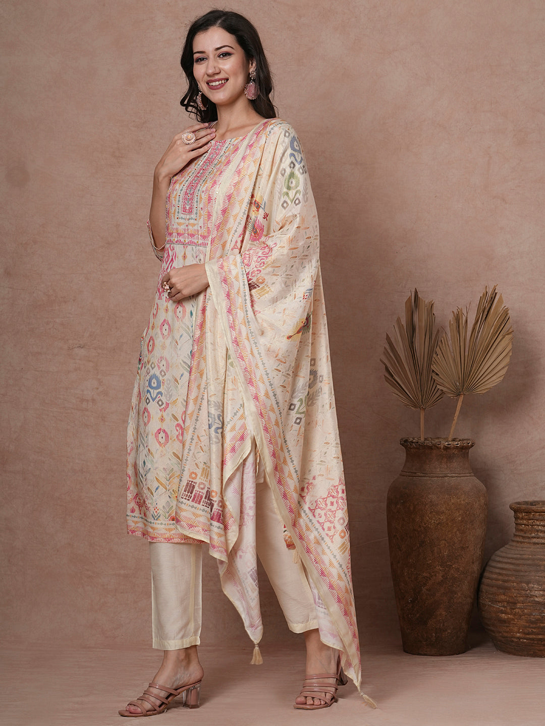 Ethnic Ikat Printed & Embroidered Straight Kurta with Pant & Dupatta -Cream