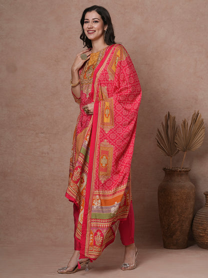 Ethnic Floral Printed & Embroidered Straight Kurta with Pant & Dupatta - Pink