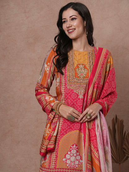 Ethnic Floral Printed & Embroidered Straight Kurta with Pant & Dupatta - Pink