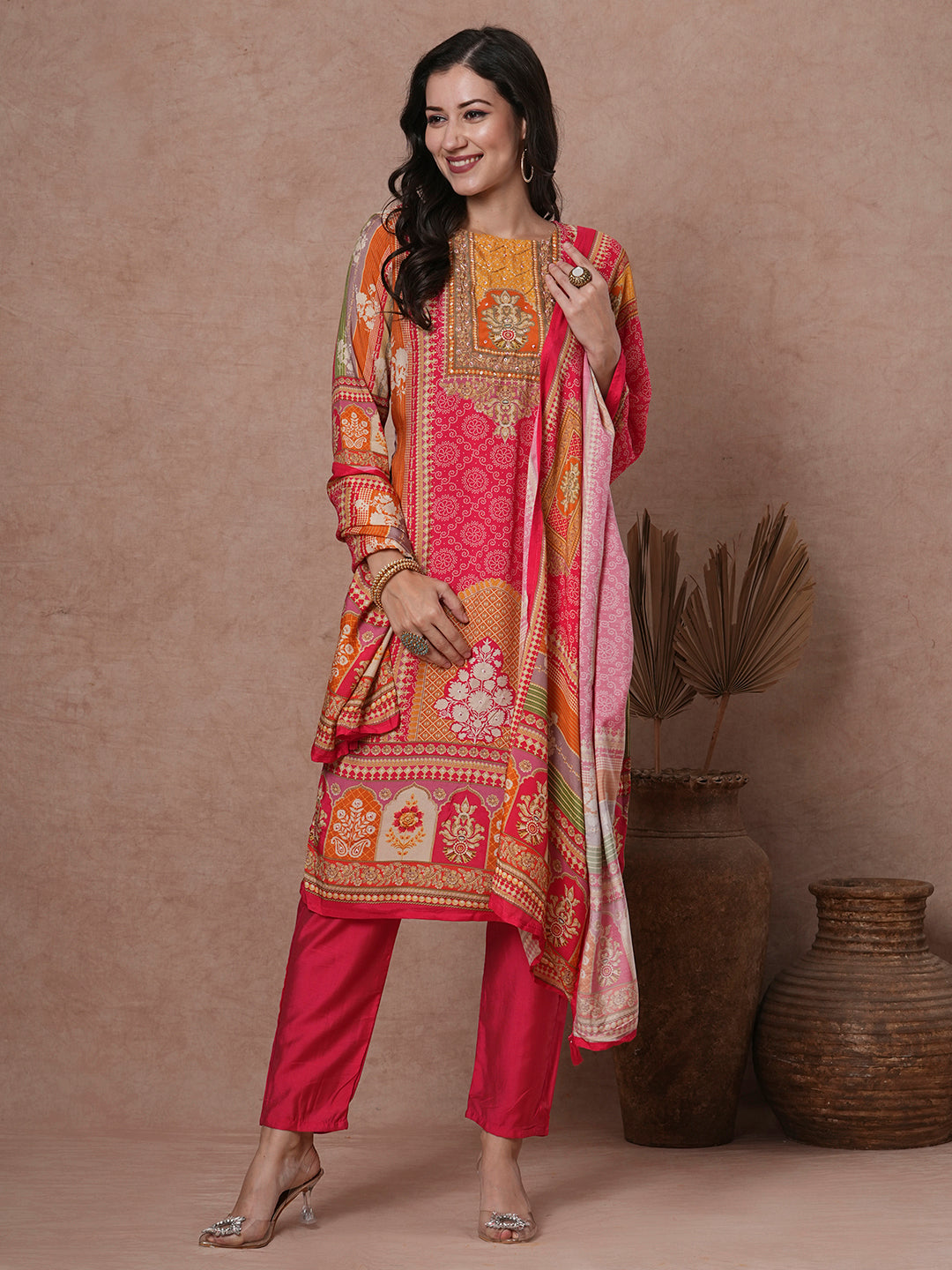 Ethnic Floral Printed & Embroidered Straight Kurta with Pant & Dupatta - Pink