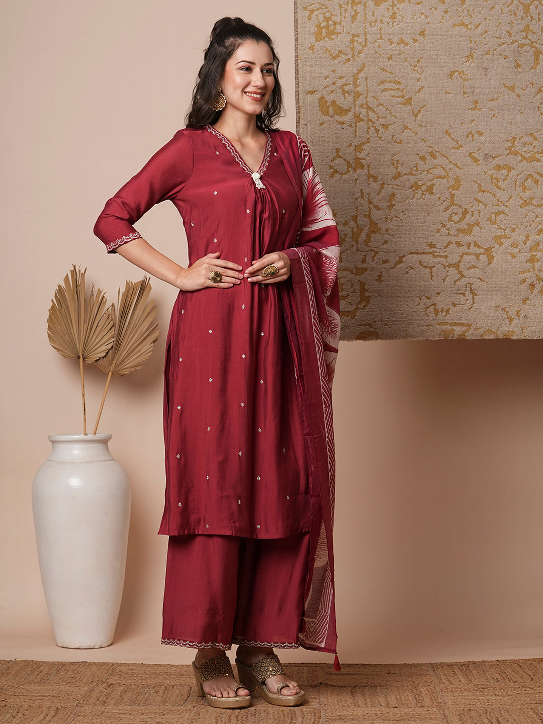 Solid Floral Embroidered Straight Fit Kurta with Pant & Dupatta - Maroon