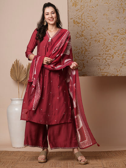 Solid Floral Embroidered Straight Fit Kurta with Pant & Dupatta - Maroon