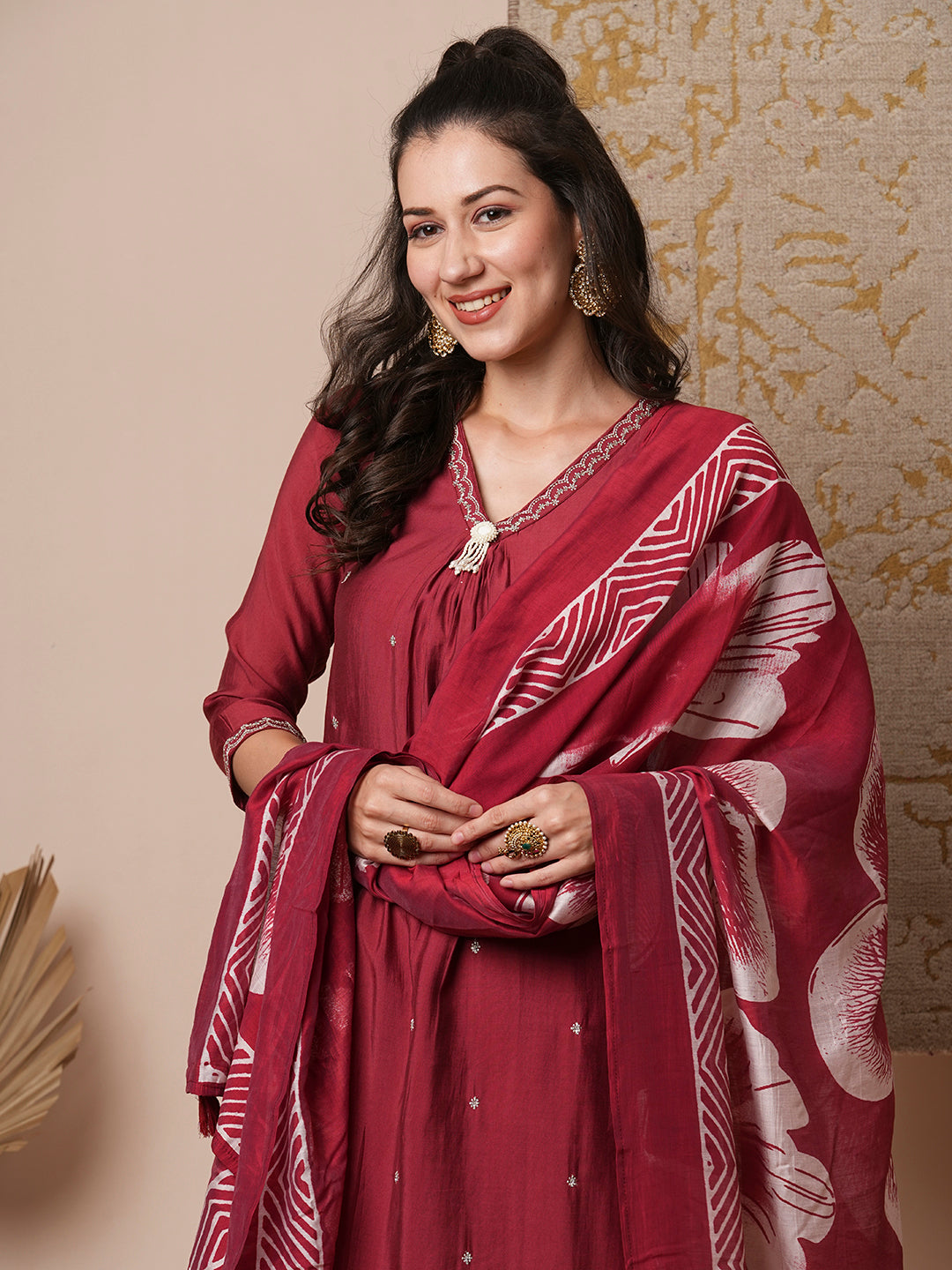 Solid Floral Embroidered Straight Fit Kurta with Pant & Dupatta - Maroon