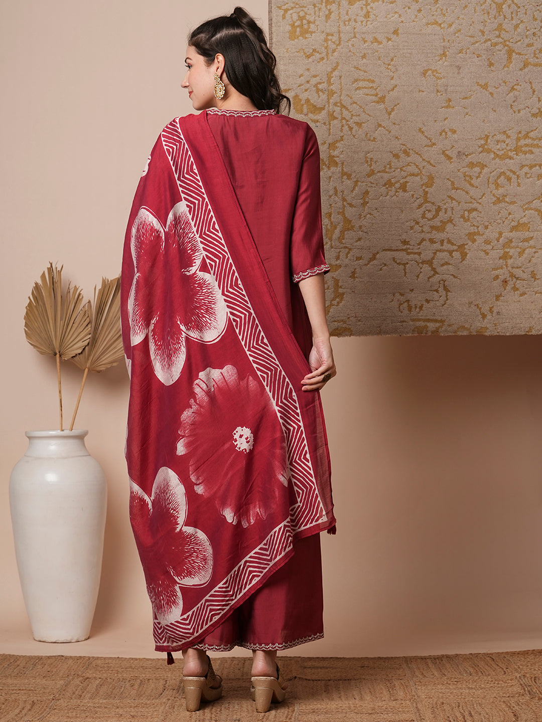 Solid Floral Embroidered Straight Fit Kurta with Pant & Dupatta - Maroon