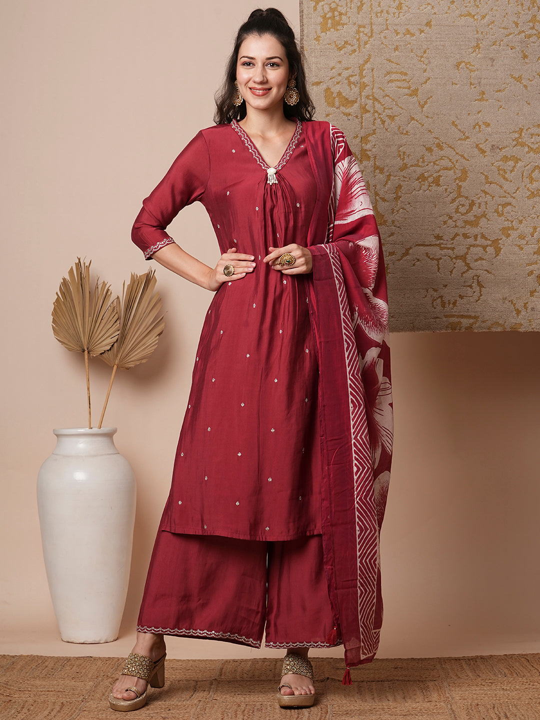 Solid Floral Embroidered Straight Fit Kurta with Pant & Dupatta - Maroon