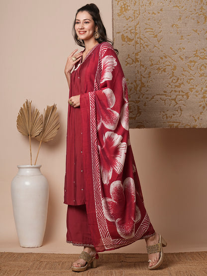 Solid Floral Embroidered Straight Fit Kurta with Pant & Dupatta - Maroon