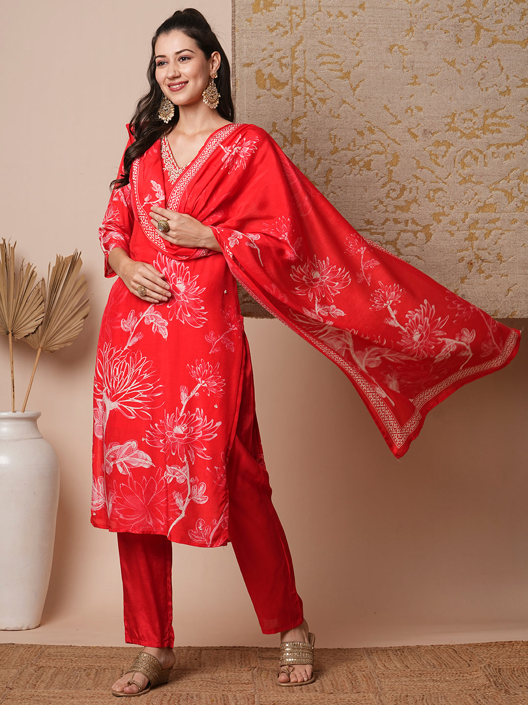 Ethnic Floral Printed & Embroidered Straight Fit Kurta with Pant & Dupatta - Red