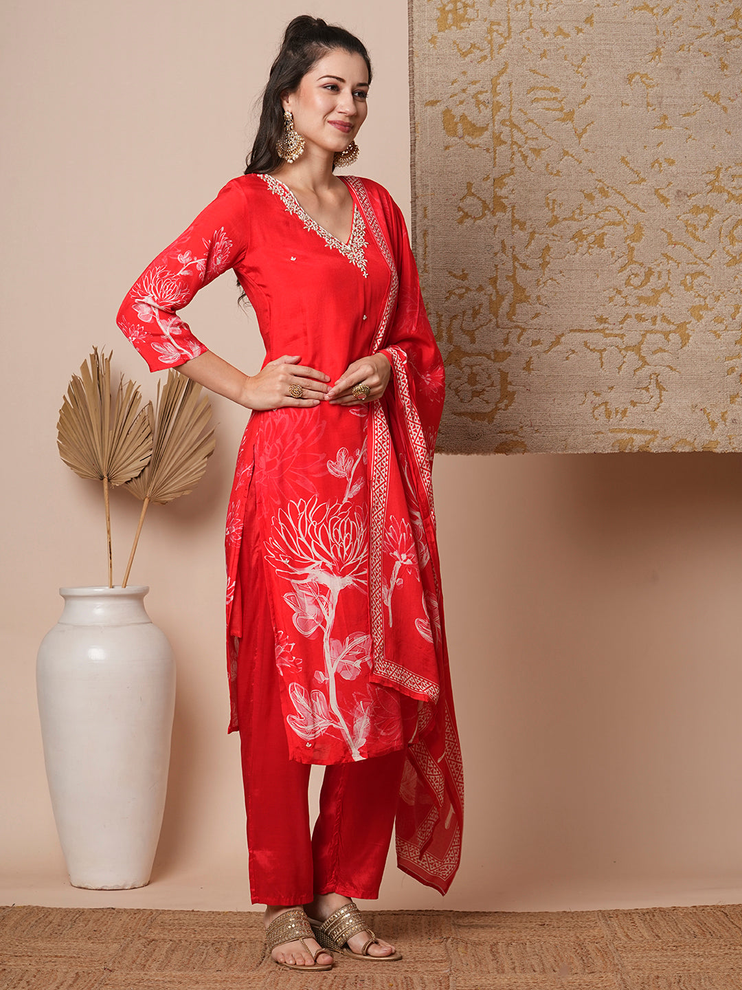 Ethnic Floral Printed & Embroidered Straight Fit Kurta with Pant & Dupatta - Red