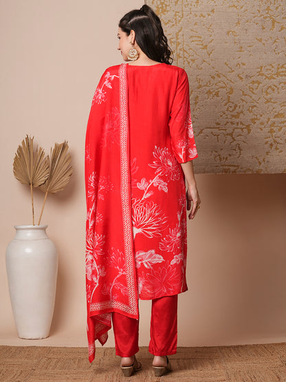 Ethnic Floral Printed & Embroidered Straight Fit Kurta with Pant & Dupatta - Red