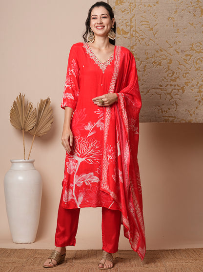 Ethnic Floral Printed & Embroidered Straight Fit Kurta with Pant & Dupatta - Red